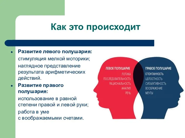 Как это происходит Развитие левого полушария: стимуляция мелкой моторики; наглядное представление результата