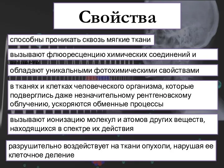 Свойства способны проникать сквозь мягкие ткани вызывают флюоресценцию химических соединений и веществ