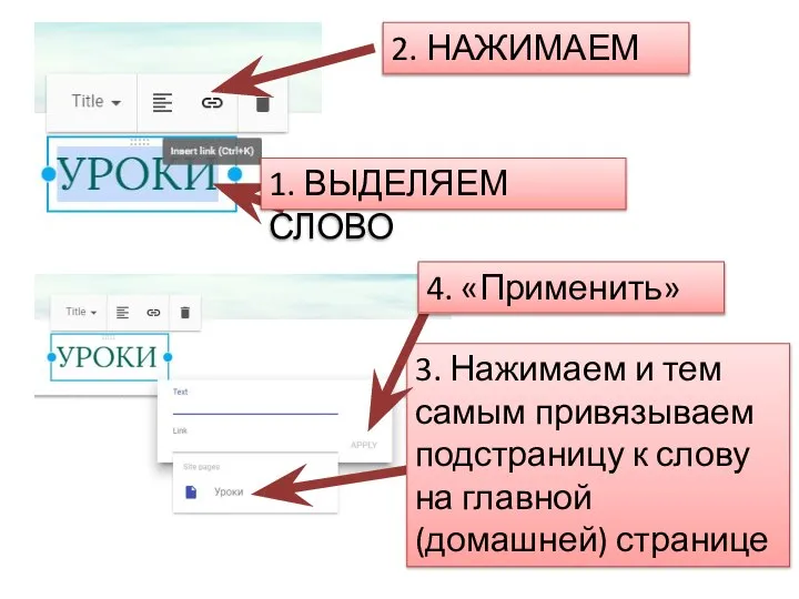 1. ВЫДЕЛЯЕМ СЛОВО 2. НАЖИМАЕМ 3. Нажимаем и тем самым привязываем подстраницу