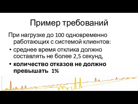 Пример требований При нагрузке до 100 одновременно работающих с системой клиентов: среднее