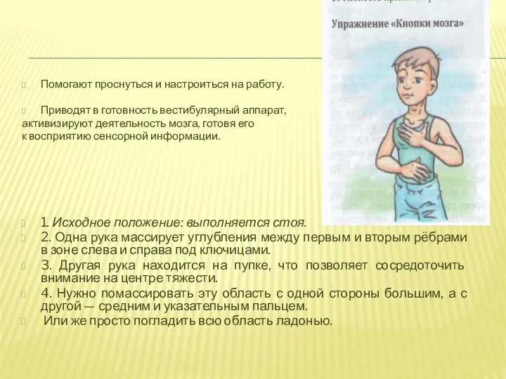 Помогают проснуться и настроиться на работу. Приводят в готовность вестибулярный аппарат, активизируют