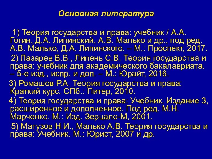 Основная литература 1) Теория государства и права: учебник / А.А. Гогин, Д.А.