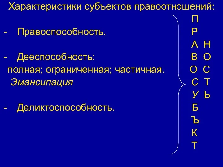 Характеристики субъектов правоотношений: П Правоспособность. Р А Н Дееспособность: В О полная;