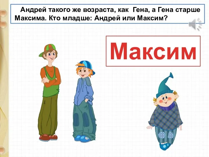 Андрей такого же возраста, как Гена, а Гена старше Максима. Кто младше: Андрей или Максим? Максим