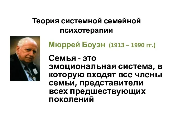 Теория системной семейной психотерапии Мюррей Боуэн (1913 – 1990 гг.) Семья -