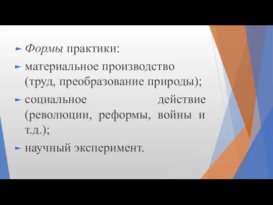 Формы практики: материальное производство (труд, преобразование природы); социальное действие (революции, реформы, войны и т.д.); научный эксперимент.