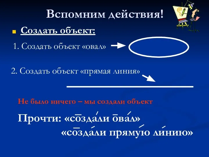 Вспомним действия! Создать объект: 1. Создать объект «овал» 2. Создать объект «прямая