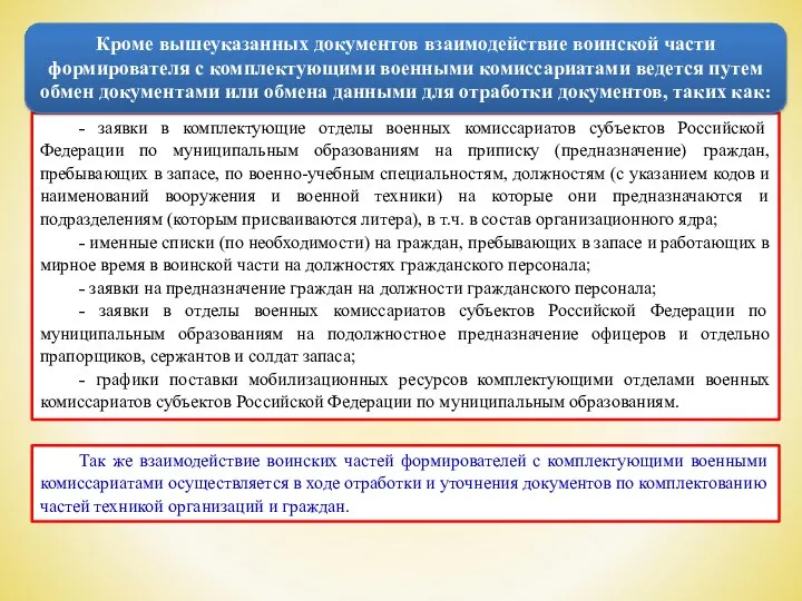 ˗ заявки в комплектующие отделы военных комиссариатов субъектов Российской Федерации по муниципальным