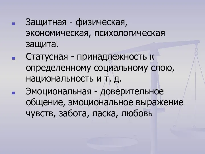 Защитная - физическая, экономическая, психологическая защита. Статусная - принадлежность к определенному социальному