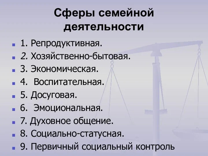 Сферы семейной деятельности 1. Репродуктивная. 2. Хозяйственно-бытовая. 3. Экономическая. 4. Воспитательная. 5.