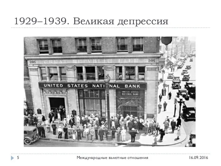 1929–1939. Великая депрессия 16.09.2016 Международные валютные отношения