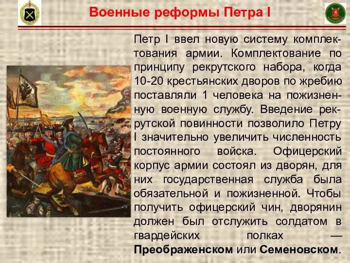 14 Петр I ввел новую систему комплек-тования армии. Комплектование по принципу рекрутского