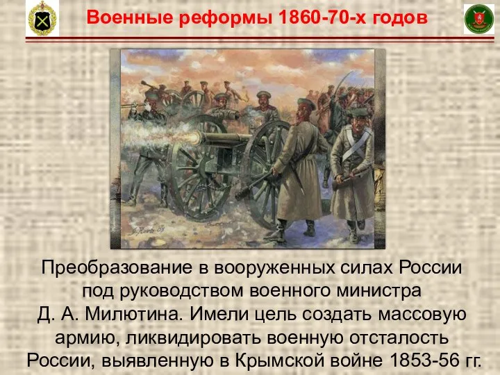 6 Военные реформы 1860-70-х годов Преобразование в вооруженных силах России под руководством