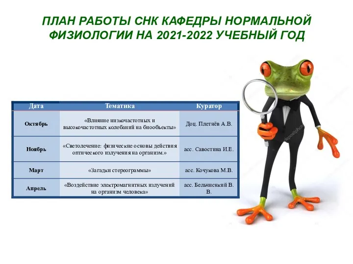 ПЛАН РАБОТЫ СНК КАФЕДРЫ НОРМАЛЬНОЙ ФИЗИОЛОГИИ НА 2021-2022 УЧЕБНЫЙ ГОД