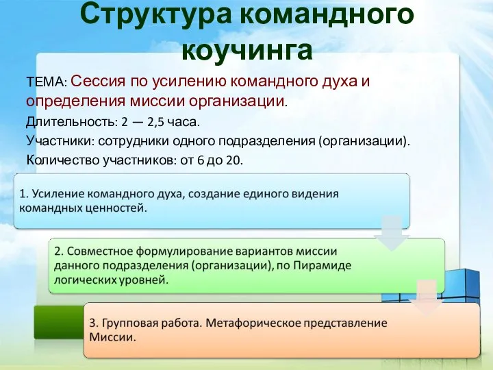 Структура командного коучинга ТЕМА: Сессия по усилению командного духа и определения миссии