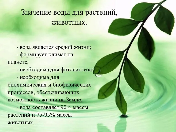 Значение воды для растений, животных. - вода является средой жизни; - формирует