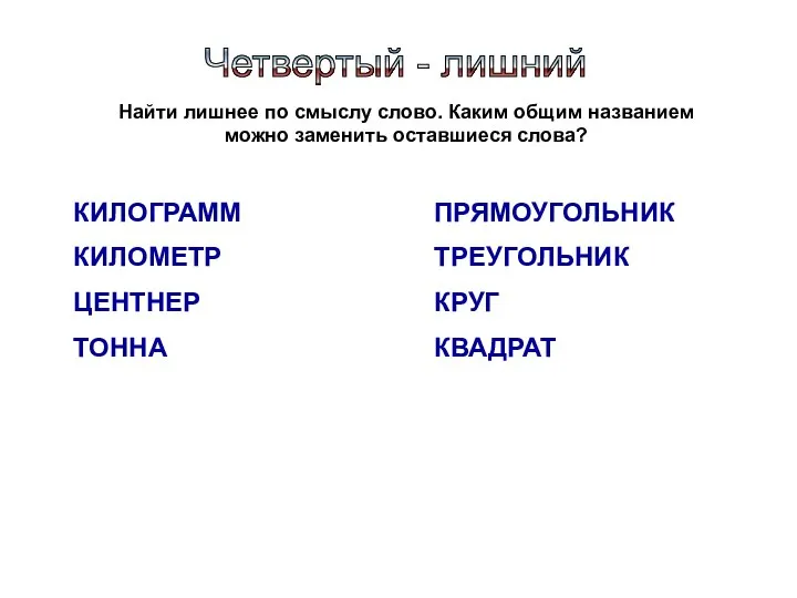 Четвертый - лишний Найти лишнее по смыслу слово. Каким общим названием можно