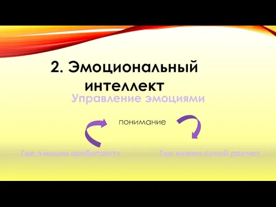 2. Эмоциональный интеллект Управление эмоциями Где эмоции «работают» Где нужен сухой расчет понимание