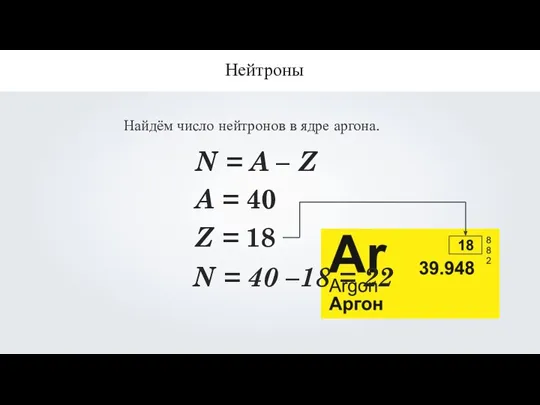 Нейтроны Найдём число нейтронов в ядре аргона. N = A – Z