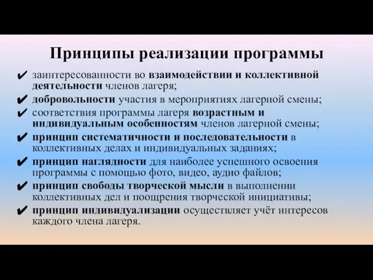 Принципы реализации программы заинтересованности во взаимодействии и коллективной деятельности членов лагеря; добровольности