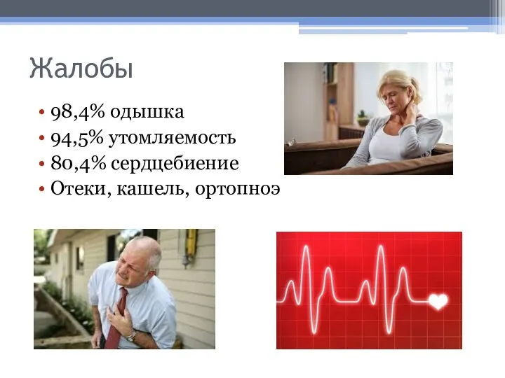 Жалобы 98,4% одышка 94,5% утомляемость 80,4% сердцебиение Отеки, кашель, ортопноэ