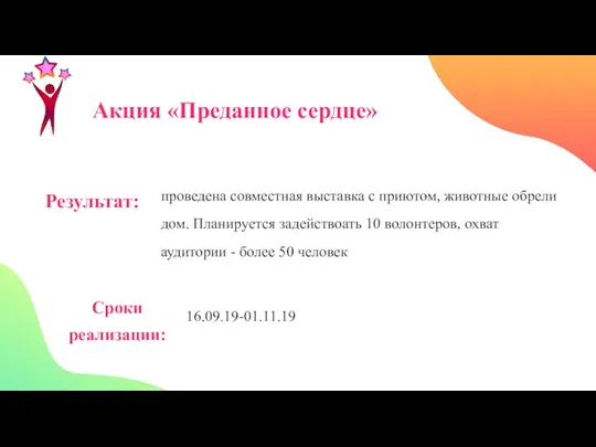 Акция «Преданное сердце» Результат: проведена совместная выставка с приютом, животные обрели дом.