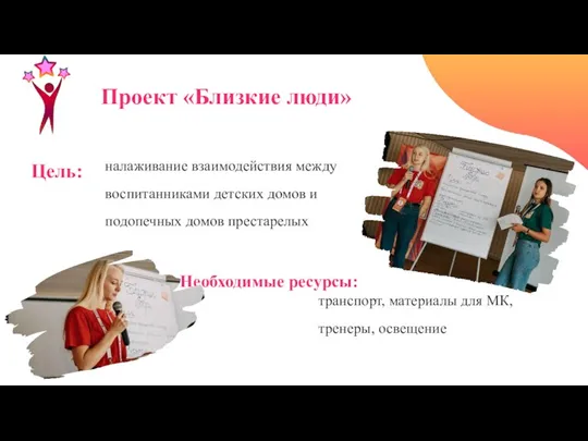 Проект «Близкие люди» Цель: налаживание взаимодействия между воспитанниками детских домов и подопечных