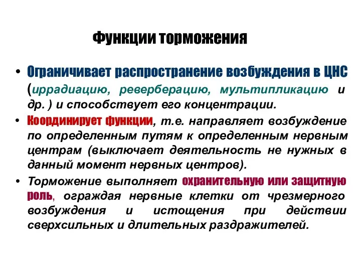 Функции торможения Ограничивает распространение возбуждения в ЦНС (иррадиацию, реверберацию, мультипликацию и др.