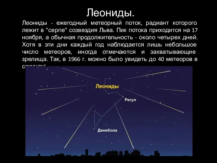 Леониды. Леониды - ежегодный метеорный поток, радиант которого лежит в "серпе" созвездия