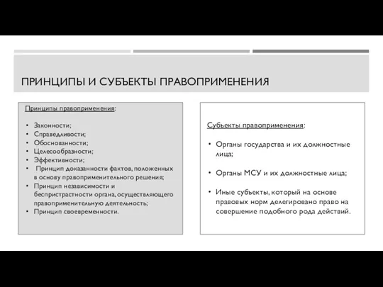 ПРИНЦИПЫ И СУБЪЕКТЫ ПРАВОПРИМЕНЕНИЯ Принципы правоприменения: Законности; Справедливости; Обоснованности; Целесообразности; Эффективности; Принцип