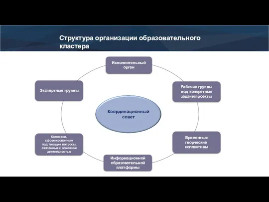 Структура организации образовательного кластера Экспертные группы Комиссии, сформированные под текущие вопросы, связанные