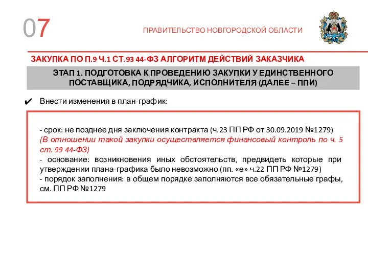 07 ПРАВИТЕЛЬСТВО НОВГОРОДСКОЙ ОБЛАСТИ ЗАКУПКА ПО П.9 Ч.1 СТ.93 44-ФЗ АЛГОРИТМ ДЕЙСТВИЙ