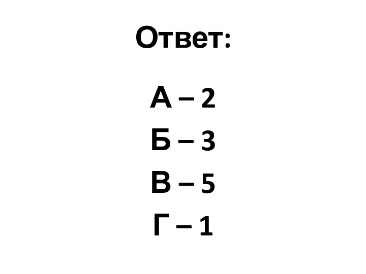 Ответ: А – 2 Б – 3 В – 5 Г – 1