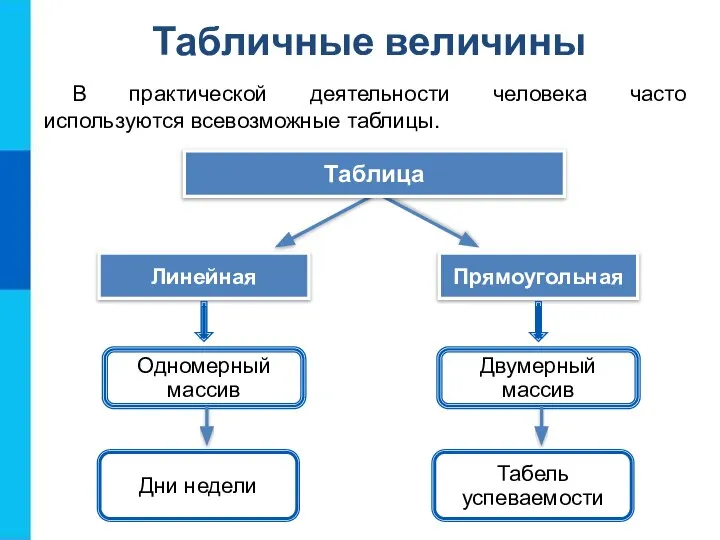 Табличные величины В практической деятельности человека часто используются всевозможные таблицы. Прямоугольная Линейная