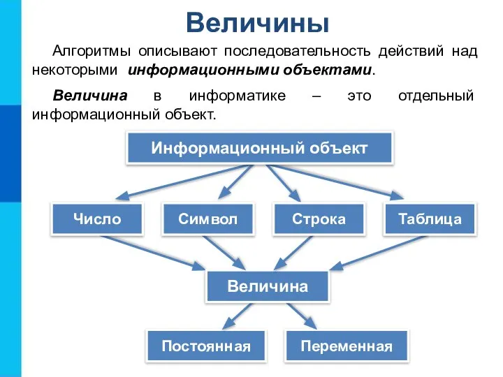 Величины Алгоритмы описывают последовательность действий над некоторыми информационными объектами. Величина в информатике