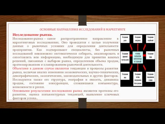 ОСНОВНЫЕ НАПРАВЛЕНИЯ ИССЛЕДОВАНИЙ В МАРКЕТИНГЕ Исследование рынка. Исследование рынка — самое распространенное