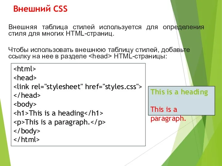 Внешний CSS Внешняя таблица стилей используется для определения стиля для многих HTML-страниц.