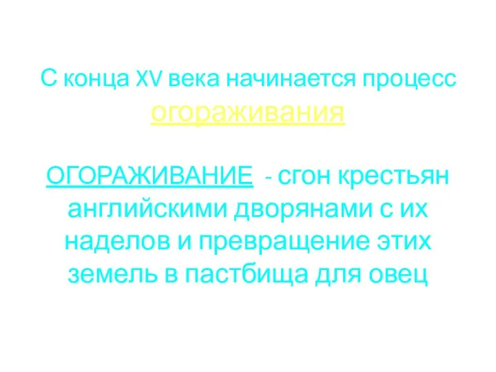 С конца XV века начинается процесс огораживания ОГОРАЖИВАНИЕ - сгон крестьян английскими