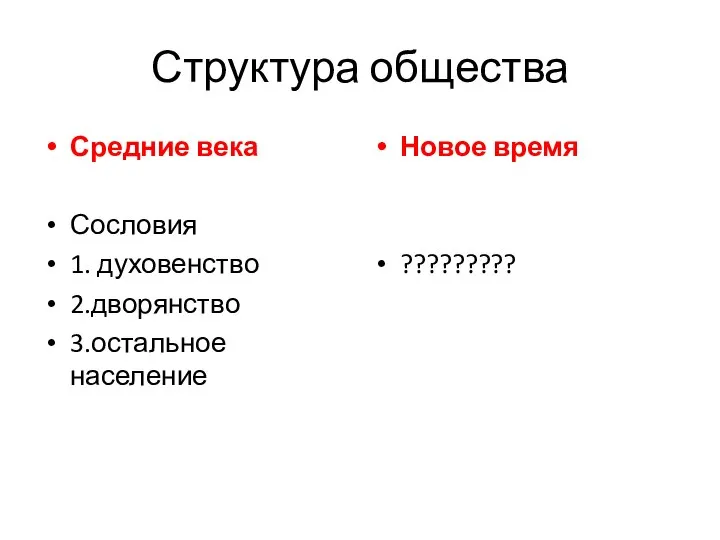 Структура общества Средние века Сословия 1. духовенство 2.дворянство 3.остальное население Новое время ?????????