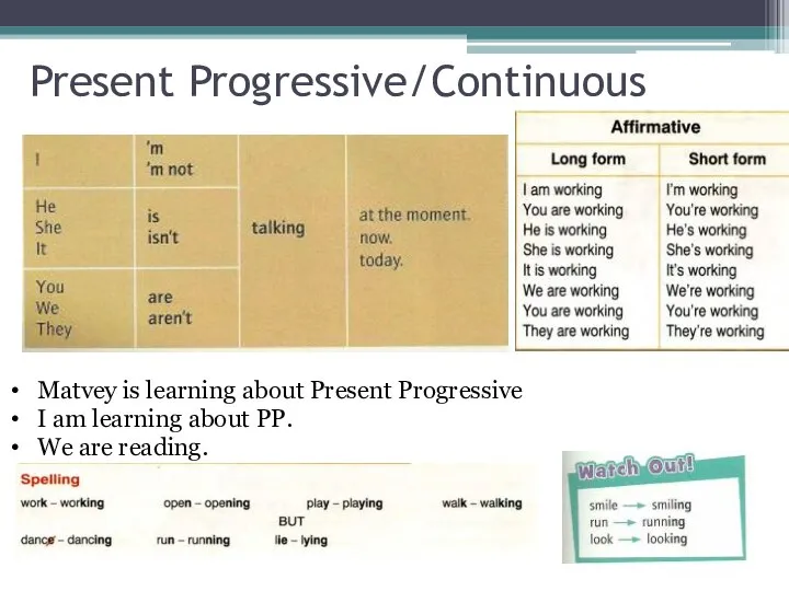 Present Progressive/Continuous Matvey is learning about Present Progressive I am learning about PP. We are reading.