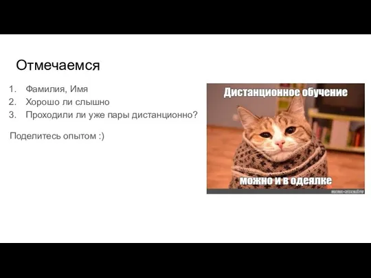 Отмечаемся Фамилия, Имя Хорошо ли слышно Проходили ли уже пары дистанционно? Поделитесь опытом :)