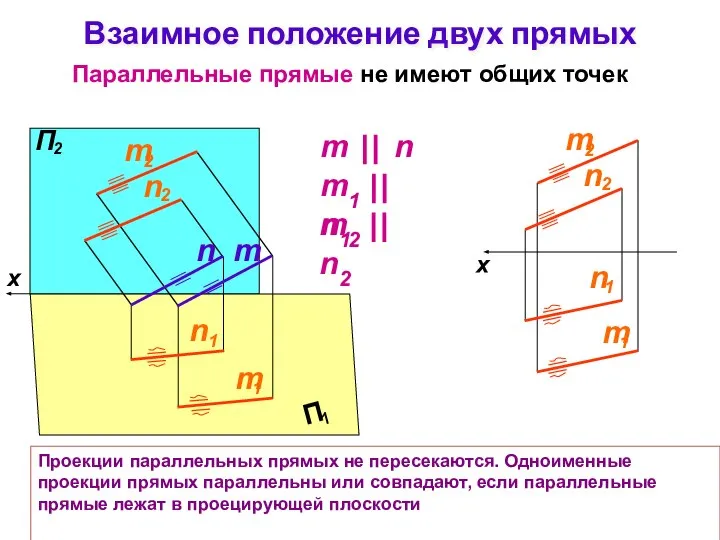 Взаимное положение двух прямых Параллельные прямые не имеют общих точек Проекции параллельных