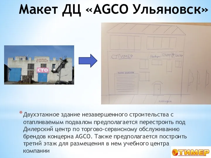 Макет ДЦ «AGCO Ульяновск» Двухэтажное здание незавершенного строительства с отапливаемым подвалом предполагается
