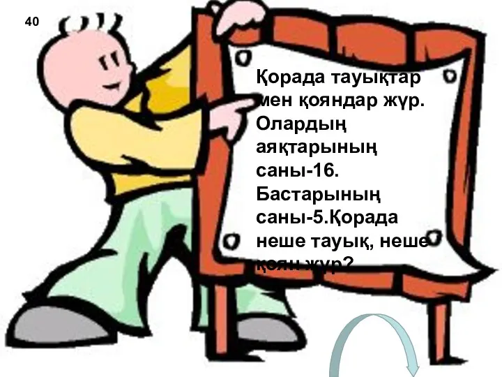 40 Қорада тауықтар мен қояндар жүр. Олардың аяқтарының саны-16. Бастарының саны-5.Қорада неше тауық, неше қоян жүр?