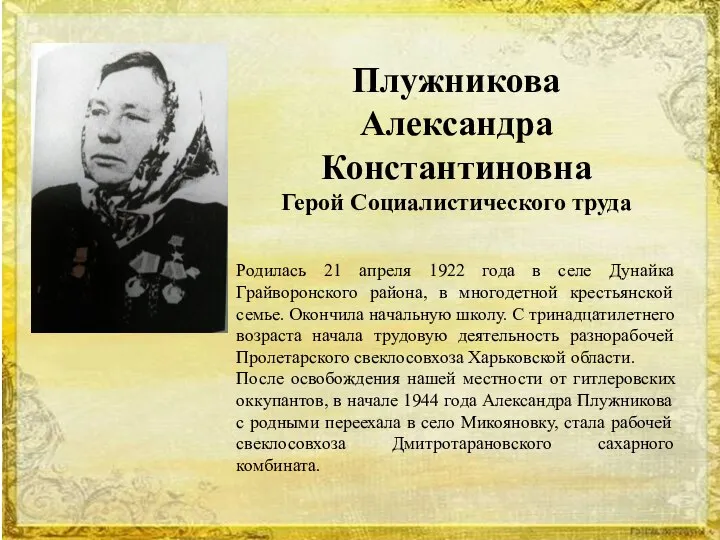 Плужникова Александра Константиновна Герой Социалистического труда Родилась 21 апреля 1922 года в