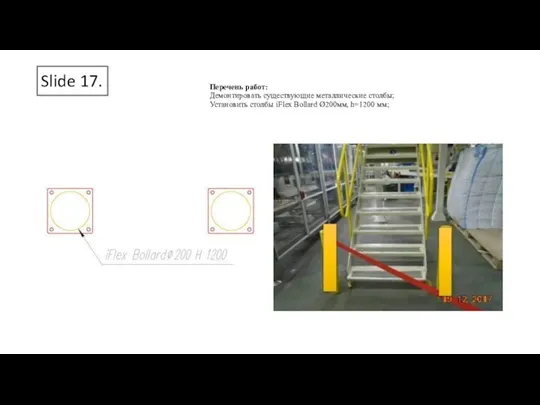 Slide 17. Перечень работ: Демонтировать существующие металлические столбы; Установить столбы iFlex Bollard Ø200мм, h=1200 мм;