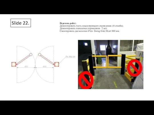 Slide 22. Перечень работ: Демонтировать часть существующего ограждения. (4 столба); Демонтировать напольные