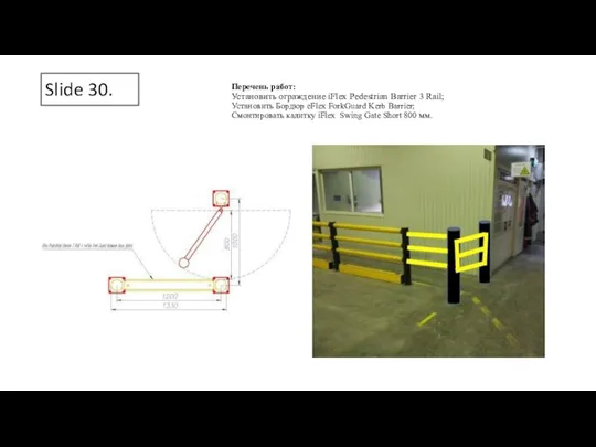 Slide 30. Перечень работ: Установить ограждение iFlex Pedestrian Barrier 3 Rail; Установить