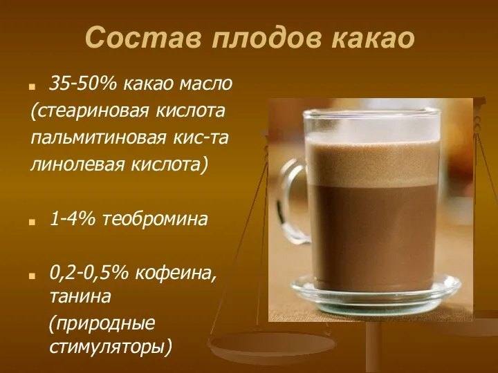 Состав плодов какао 35-50% какао масло (стеариновая кислота пальмитиновая кис-та линолевая кислота)