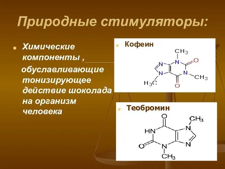 Природные стимуляторы: Химические компоненты , обуславливающие тонизирующее действие шоколада на организм человека Кофеин Теобромин